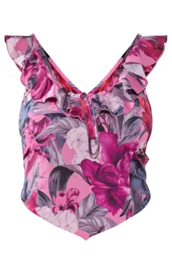 Plus Pink Floral Printed Ruffle Scoop Neck Top