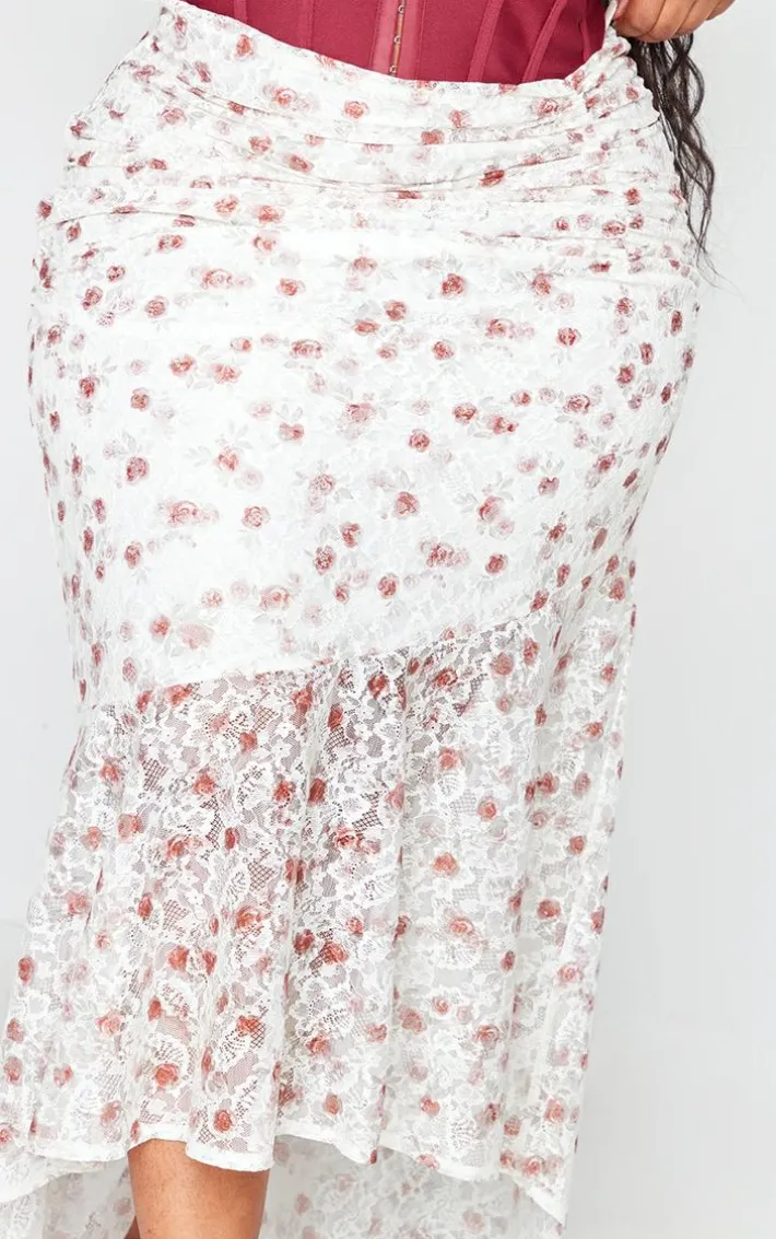 Plus Pink Floral Printed Lace Frill Hem Maxi Skirt