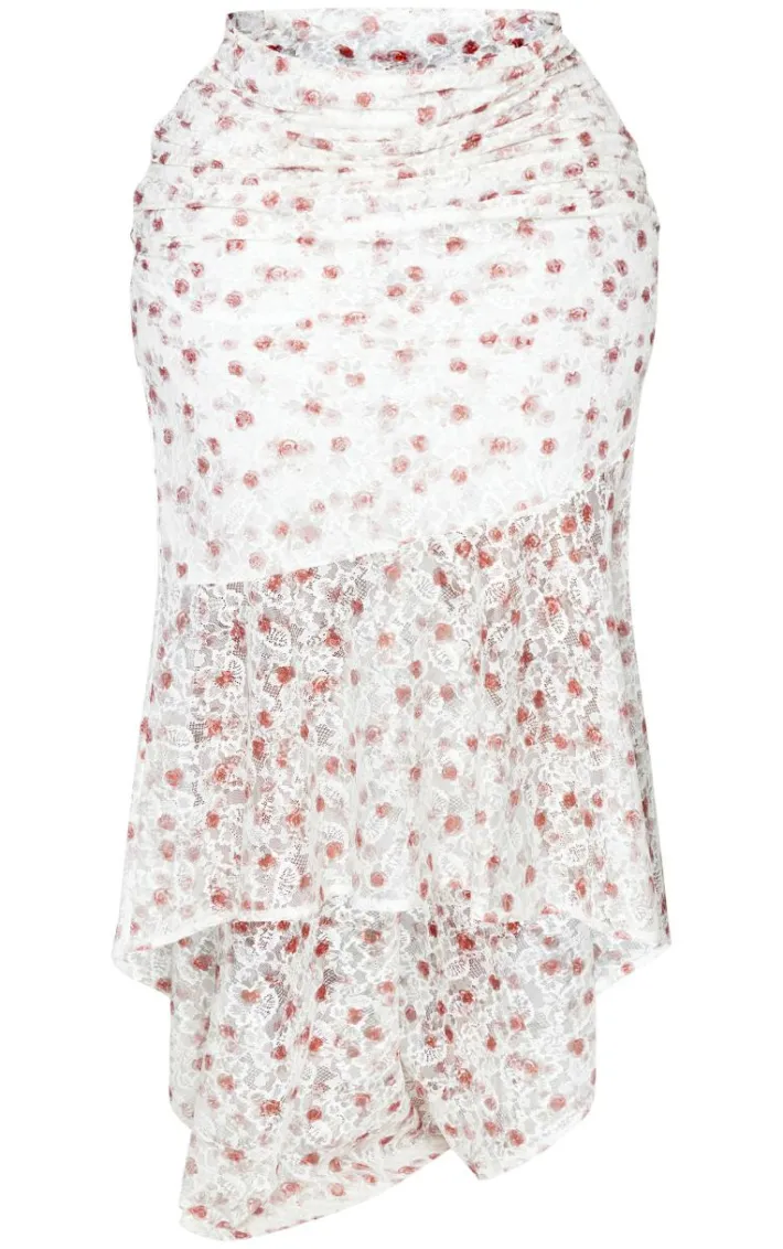 Plus Pink Floral Printed Lace Frill Hem Maxi Skirt