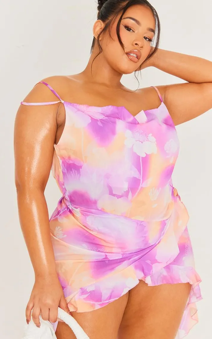 Plus Pink Floral Ruffle Detail Midi Dress