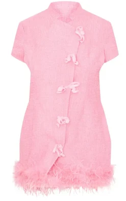 Plus Pink Glitter Boucle Feather Trim Mini Dress