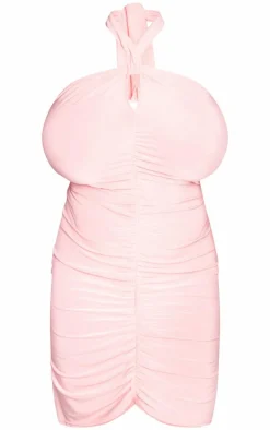 Plus Pink Key Hole Halterneck Detail Ruched Bodycon Dress