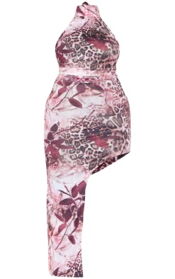 Plus Pink Mesh Floral Print Halteneck Ruched Midi Dress