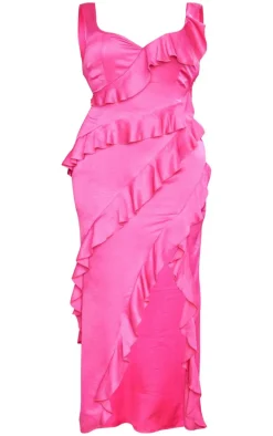 Plus Pink Satin Frill Layered Maxi Dress