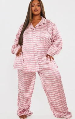 Plus Pink Satin Printed Piping Long PJ Set