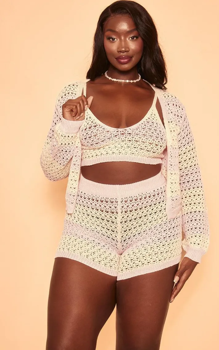 Plus Pink Striped Crochet Cropped Cardigan