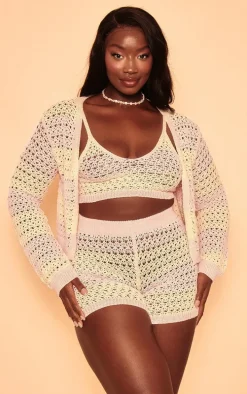 Plus Pink Striped Crochet Cropped Cardigan