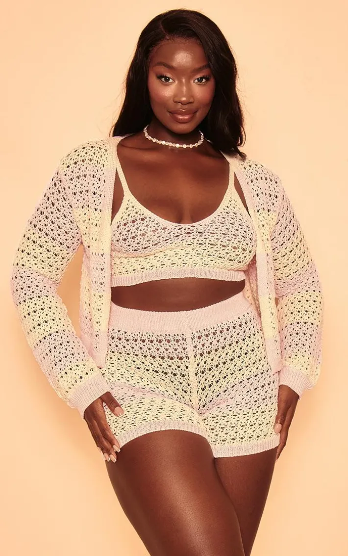 Plus Pink Striped Crochet Cropped Cardigan