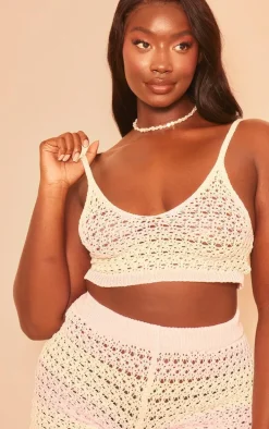 Plus Pink Striped Crochet Knit V Neck Crop Top