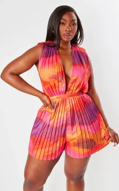 Plus Pink Wave Print Pleated Shoulder Pad Plunge Romper
