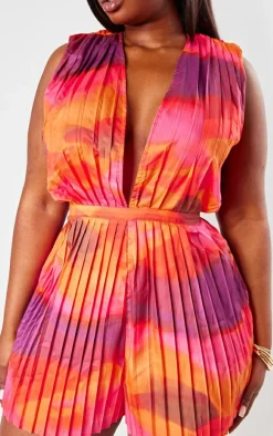 Plus Pink Wave Print Pleated Shoulder Pad Plunge Romper