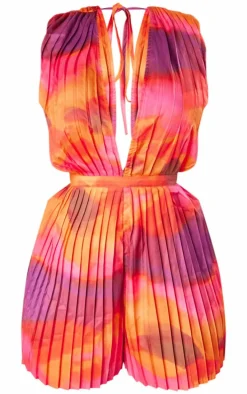 Plus Pink Wave Print Pleated Shoulder Pad Plunge Romper