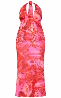 Plus Pink Zebra Printed Chiffon Halterneck Maxi Dress