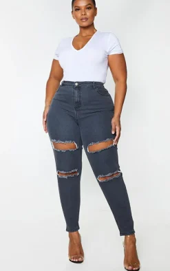 Plus PRETTYLITTLETHING Washed Black Double Rip High Waisted 5 Pocket Skinny Jeans