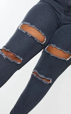 Plus PRETTYLITTLETHING Washed Black Double Rip High Waisted 5 Pocket Skinny Jeans