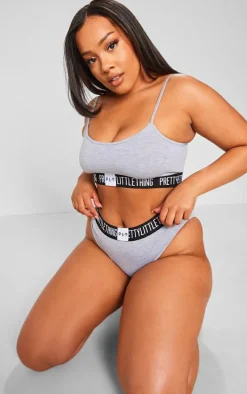 Plus PRETTYLITTLETTHING Grey Jersey Logo Tape Lingerie Set