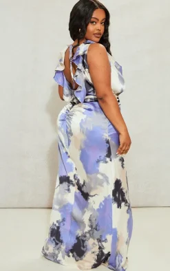 Plus Purple Printed Satin Cowl Neck Maxi Dress
