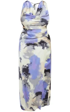 Plus Purple Printed Satin Cowl Neck Maxi Dress