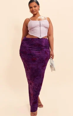 Plus Purple Soft Touch Devore Ruched Side Maxi Skirt