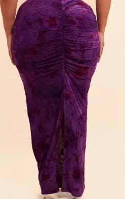 Plus Purple Soft Touch Devore Ruched Side Maxi Skirt