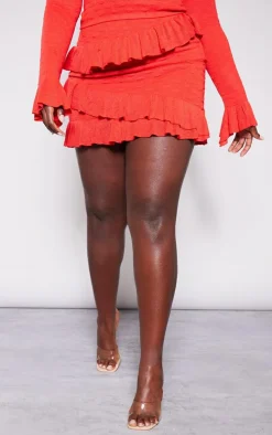 Plus Red Bubble Knit Frill Detail Mini Skirt