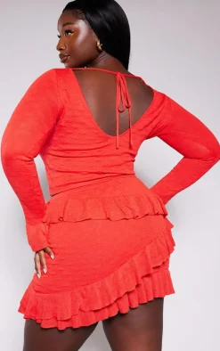 Plus Red Bubble Knit Open Back Long Sleeve Top