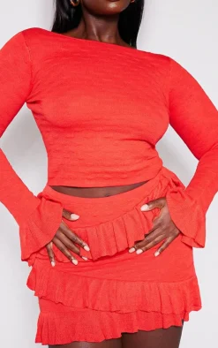 Plus Red Bubble Knit Open Back Long Sleeve Top