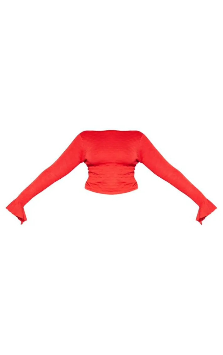 Plus Red Bubble Knit Open Back Long Sleeve Top