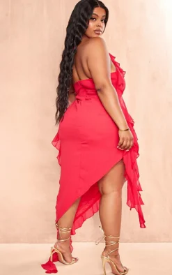 Plus Red Chiffon Frill Detail Plunge Midaxi Dress