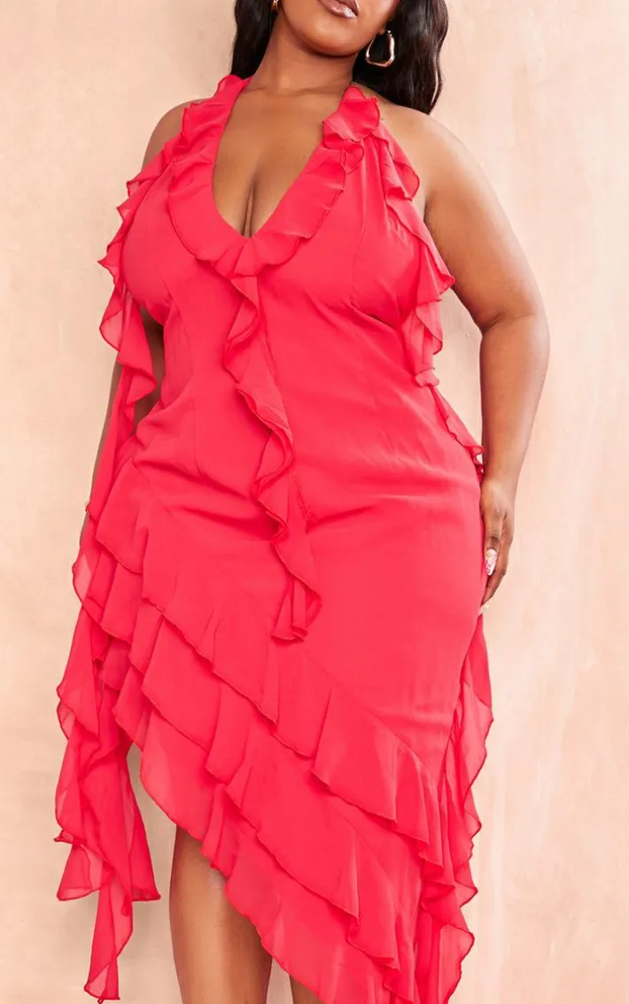 Plus Red Chiffon Frill Detail Plunge Midaxi Dress