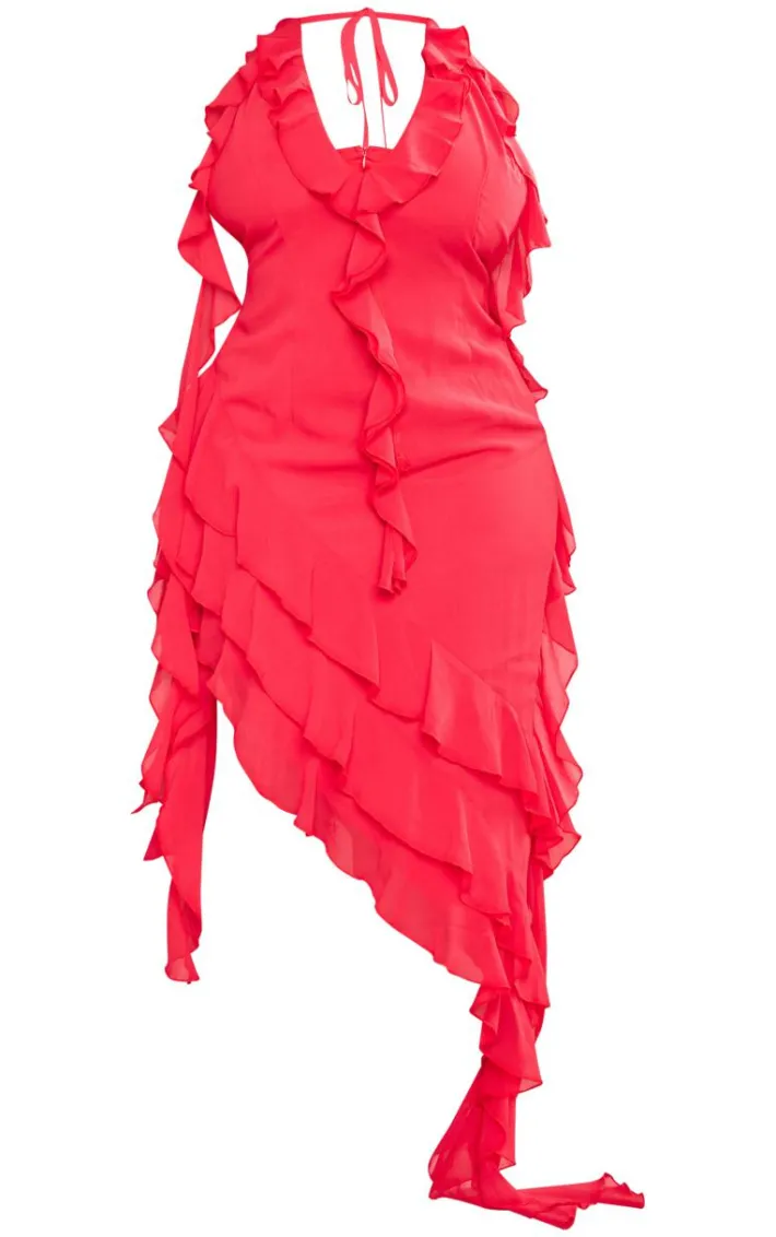 Plus Red Chiffon Frill Detail Plunge Midaxi Dress
