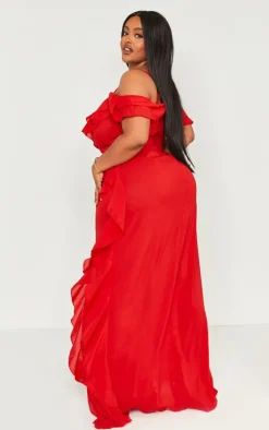 Plus Red Cold Shoulder Ruffle Detail Maxi Dress