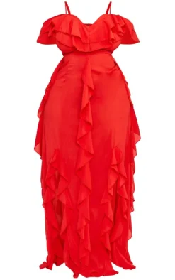 Plus Red Cold Shoulder Ruffle Detail Maxi Dress