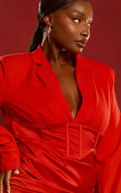 Plus Red Constructed Corset Waist Blazer Dress