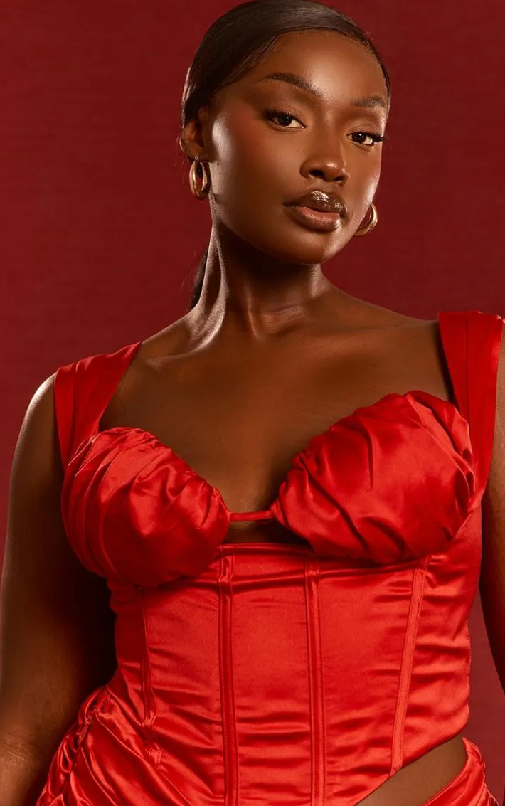 Plus Red Constructed Satin Ruched Bust Corset
