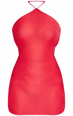 Plus Red Eyelash Knit Halterneck Bodycon Dress