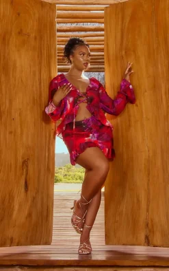 Plus Red Floral Lace Up Ruffle Hem Skirt