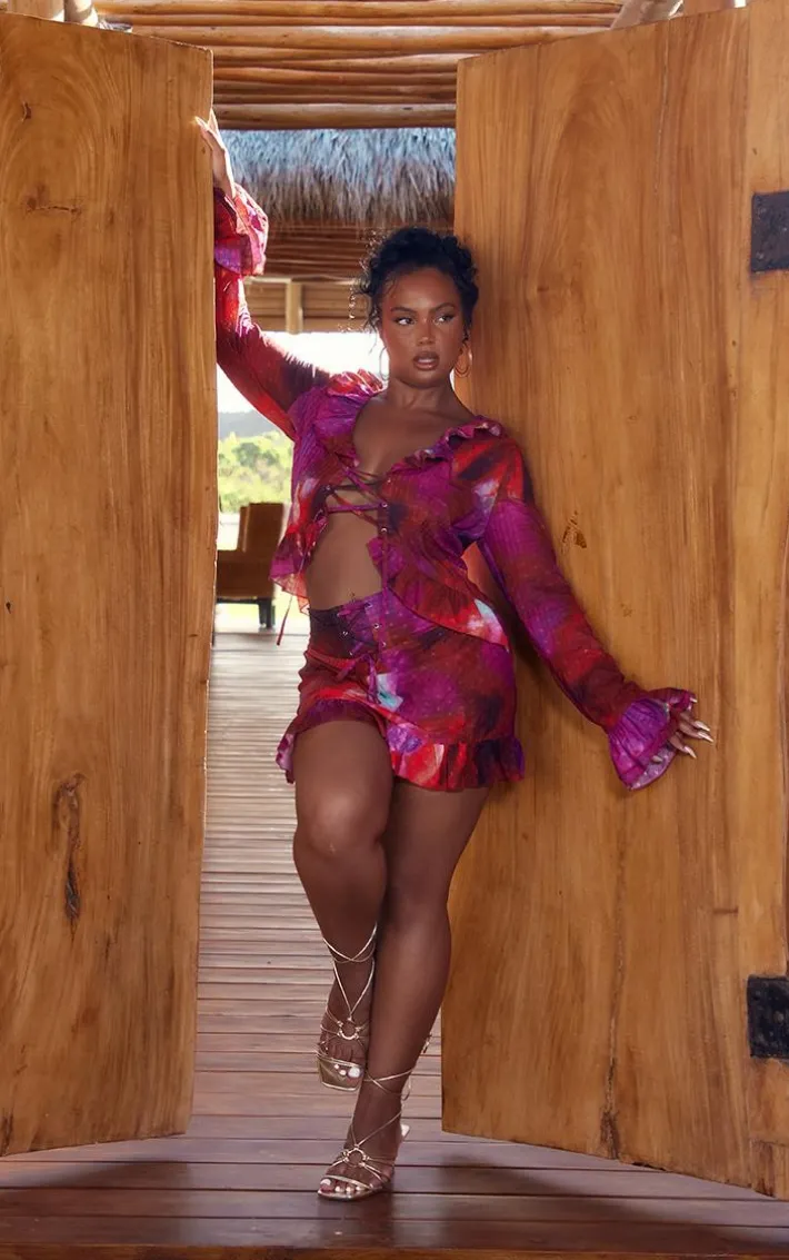 Plus Red Floral Lace Up Ruffle Hem Skirt