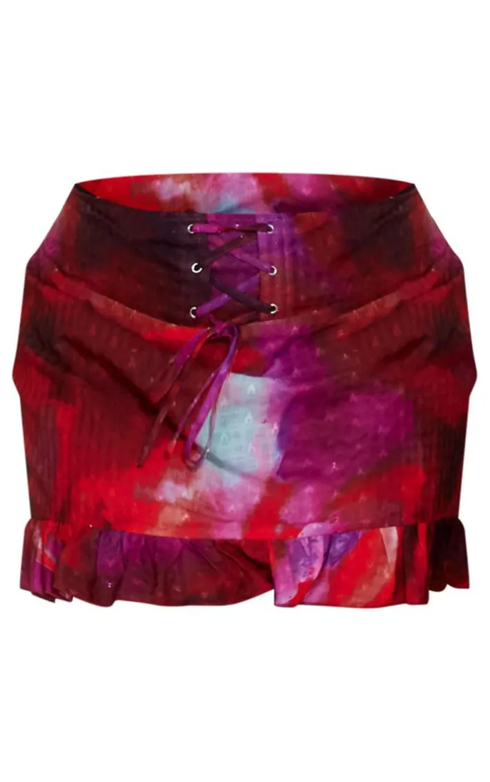 Plus Red Floral Lace Up Ruffle Hem Skirt