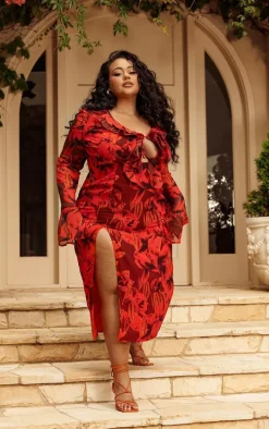 Plus Red Floral Print Chiffon Frill Midi Dress