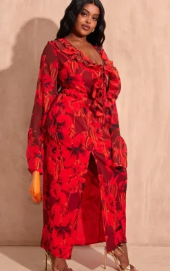 Plus Red Floral Print Chiffon Frill Midi Dress