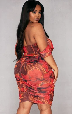Plus Red Floral Printed Mesh Bardot Bodycon Dress