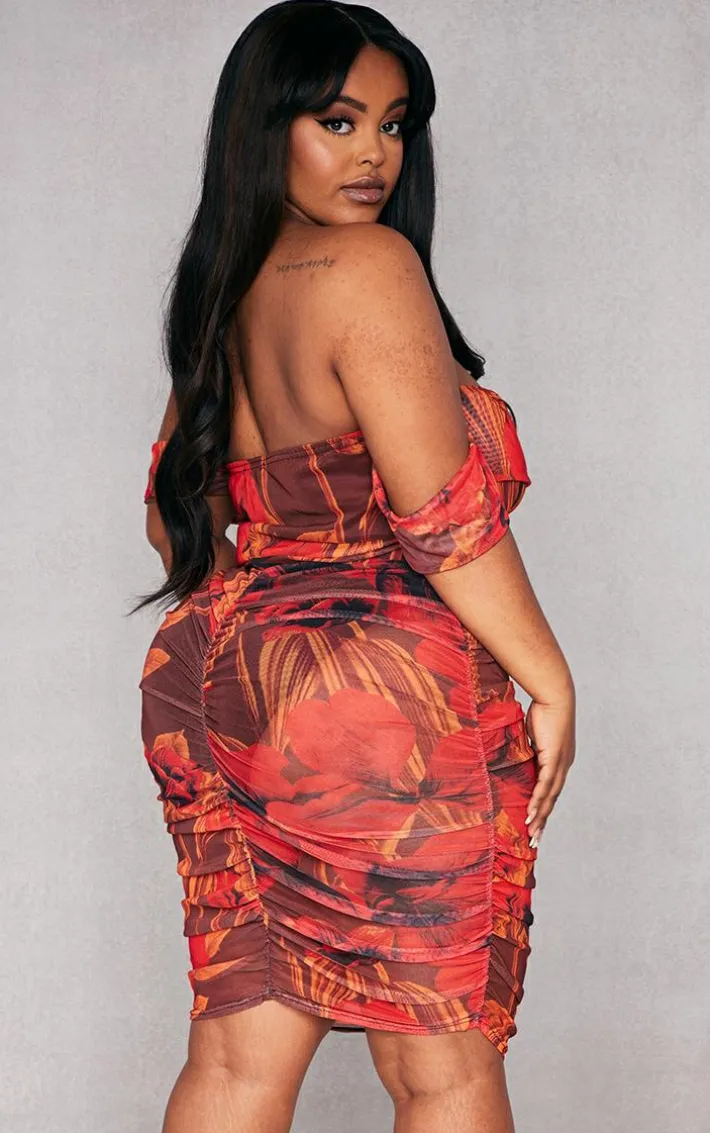 Plus Red Floral Printed Mesh Bardot Bodycon Dress