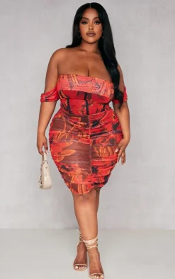 Plus Red Floral Printed Mesh Bardot Bodycon Dress