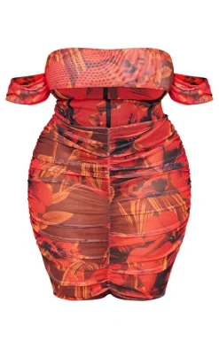 Plus Red Floral Printed Mesh Bardot Bodycon Dress