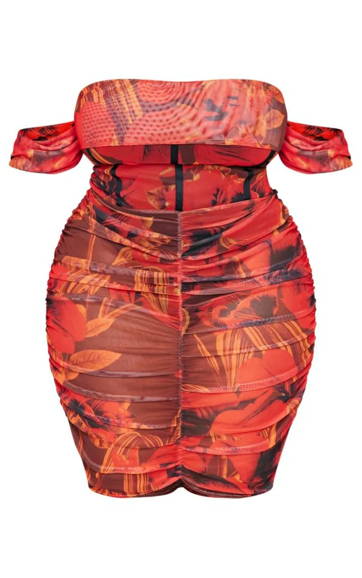 Plus Red Floral Printed Mesh Bardot Bodycon Dress