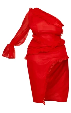Plus Red Floral Ruffle One Shoulder Midi Dress