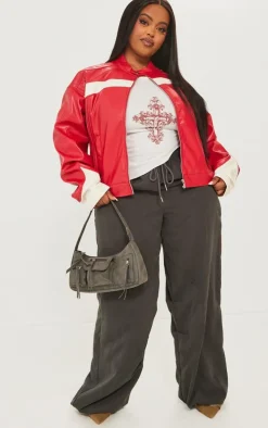 Plus Red PU Racer Neck Pleated Detail Jacket