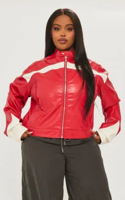 Plus Red PU Racer Neck Pleated Detail Jacket
