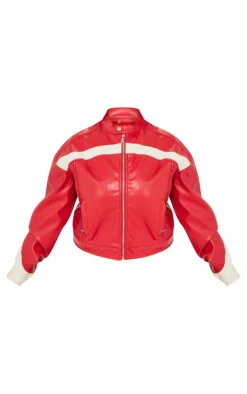 Plus Red PU Racer Neck Pleated Detail Jacket